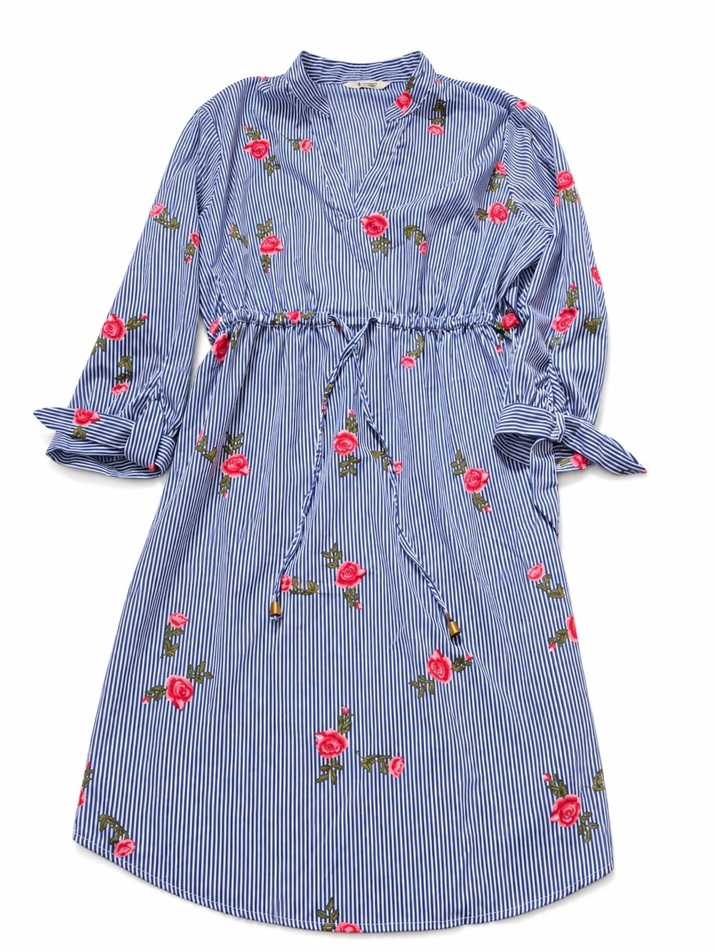 Blush Blue White Striped Rose Floral Tie Waist Shirt Dress